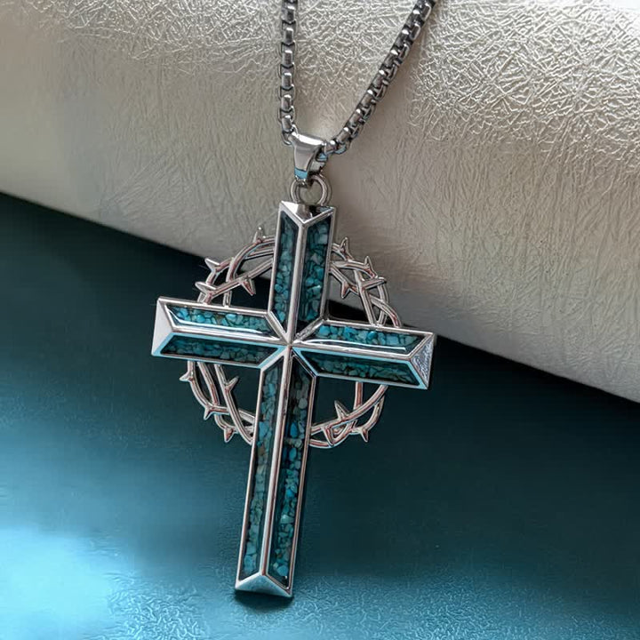 Christianartworkshop Textured Chip Stone Thorn Wreath Cross Necklace: Mark of Unwavering Hope - Silver - image 5