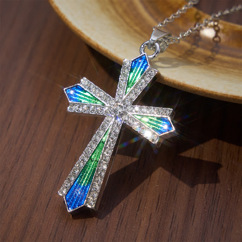Christianartworkshop Iridescent Texture Rhinestone Alloy Cross Pendant Necklace - image 4