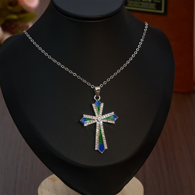 Christianartworkshop Iridescent Texture Rhinestone Alloy Cross Pendant Necklace - image 1