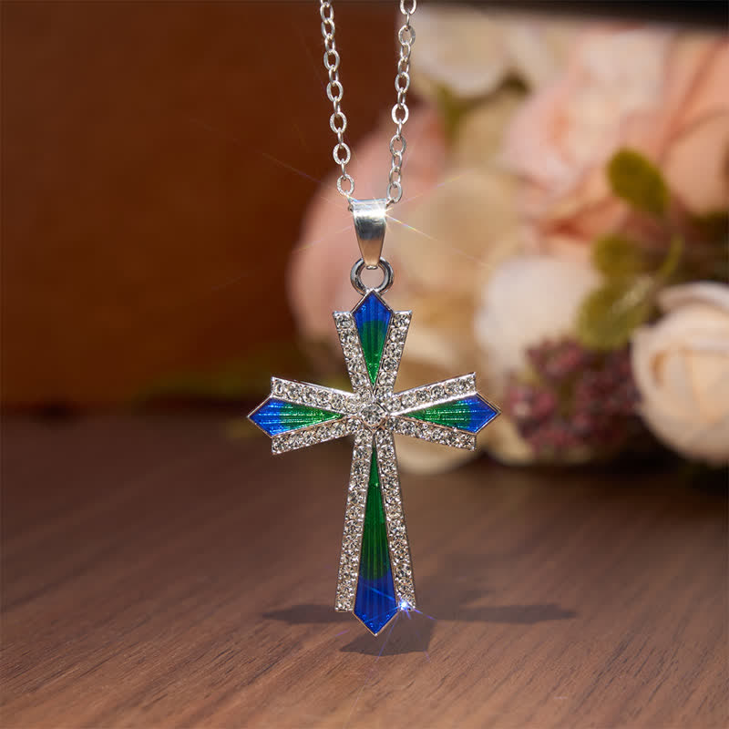 Christianartworkshop Iridescent Texture Rhinestone Alloy Cross Pendant Necklace - Cross - image 0