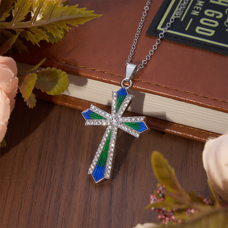 Christianartworkshop Iridescent Texture Rhinestone Alloy Cross Pendant Necklace - image 2