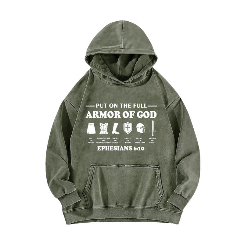 Christianartworkshop Armor Of God Ephesians 6:10 Vintage Faith Washed Hoodie - Army Green - 5XL - image 0