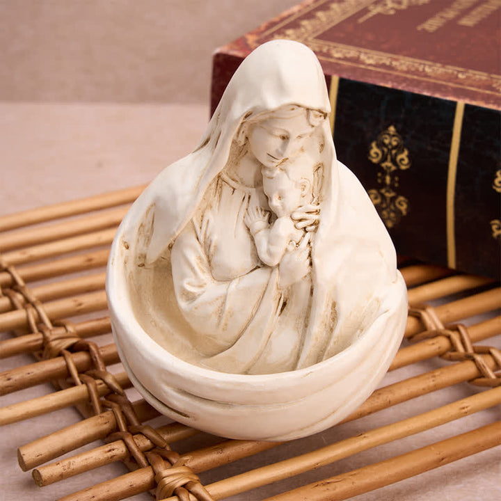 Christianartworkshop Hand-Carved Texture Our Lady Holding Child Holy Water Font - image 1