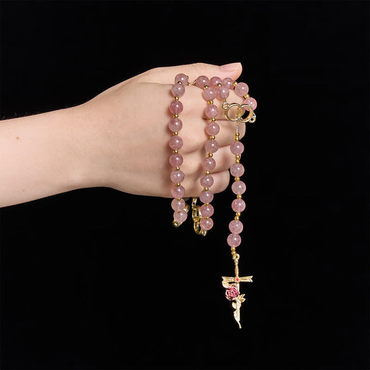 Christianartworkshop Natural Strawberry Quartz Rosary With Double Loop Links & Rose Crucifix - Natural Strawberry Quartz Rosary - image 0