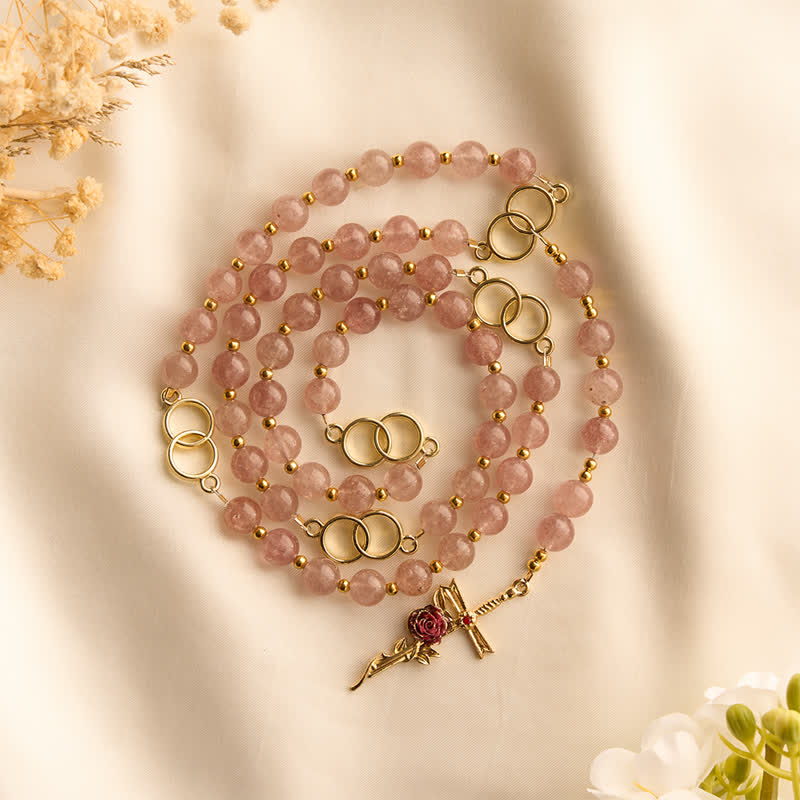 Christianartworkshop Natural Strawberry Quartz Rosary With Double Loop Links & Rose Crucifix - image 5