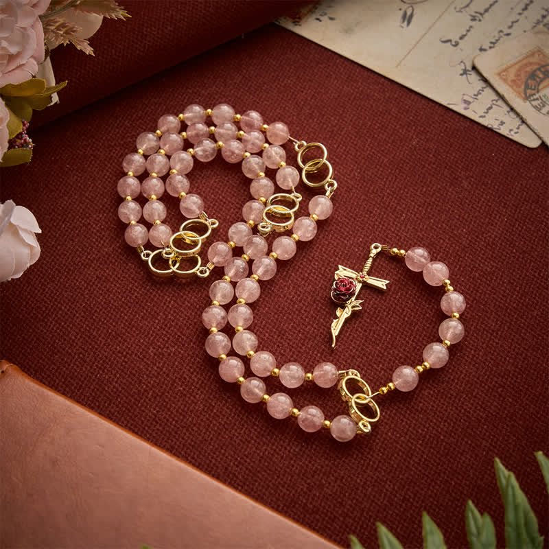 Christianartworkshop Natural Strawberry Quartz Rosary With Double Loop Links & Rose Crucifix - image 2