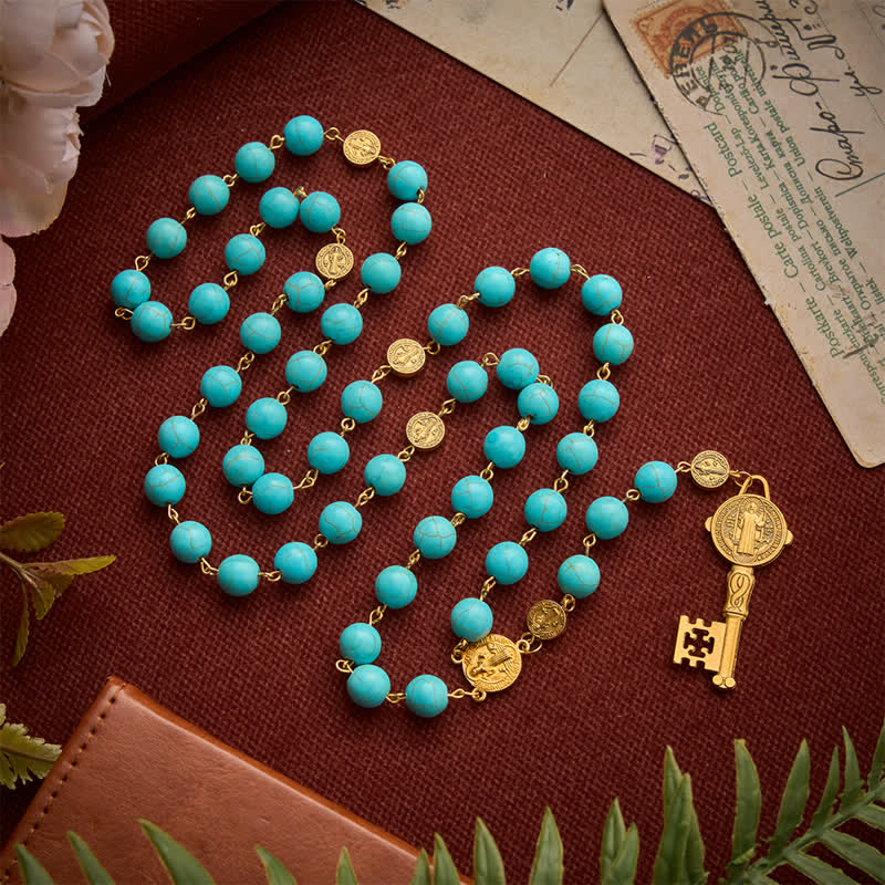 Christianartworkshop Vintage Turquoise Bead Rosary with St. Benedict Medallion Links & Sacred Key - Natural Turquoise Blue Rosary - image 0