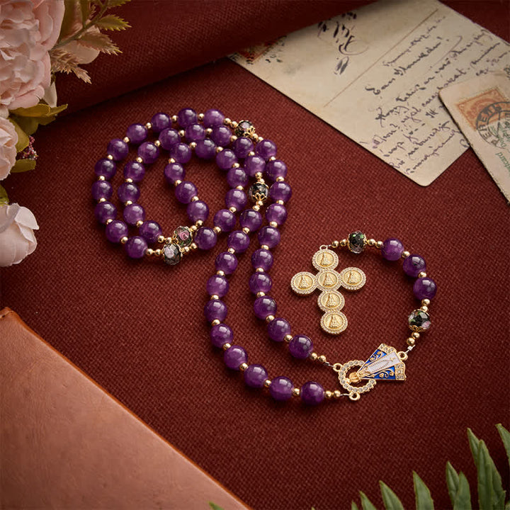 Christianartworkshop Rich Violet Glass Prayer Rosary with Floral Accent Beads & Our Lady of Aparecida Charm - image 2