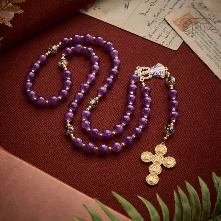 Christianartworkshop Rich Violet Glass Prayer Rosary with Floral Accent Beads & Our Lady of Aparecida Charm - image 3