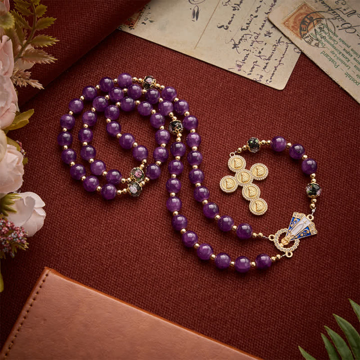 Christianartworkshop Rich Violet Glass Prayer Rosary with Floral Accent Beads & Our Lady of Aparecida Charm - image 4