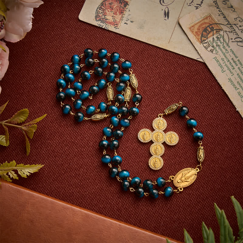 Christianartworkshop Deep Blue Tiger Eye Prayer Rosary with Our Lady of Guadalupe Medallions - Blue Tiger Eye Prayer Rosary - image 0