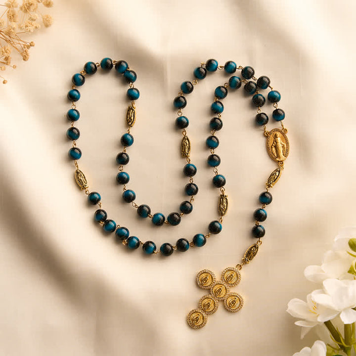 Christianartworkshop Deep Blue Tiger Eye Prayer Rosary with Our Lady of Guadalupe Medallions - image 4