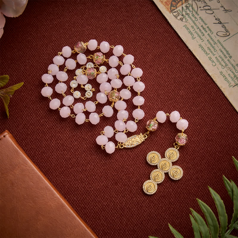 Christianartworkshop Pale Pink Faceted Jade Glass Rosary With Personalized Letter Beads & Floral Accents - image 4