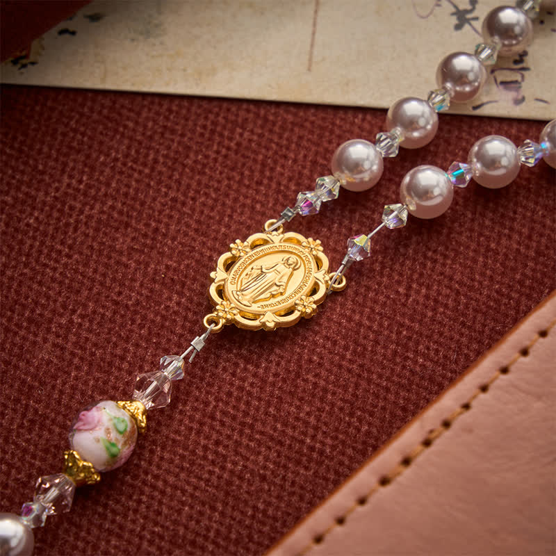 Christianartworkshop Pale Lavender Pearl Rosary With Floral Glass Beads & Rose Cross: Emblem of Gentle Marian Grace - image 7