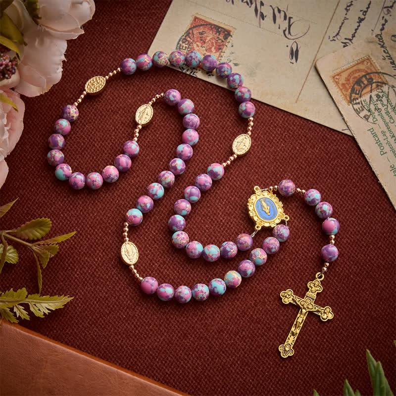 Christianartworkshop Purple Turquoise Mosaic Bead Rosary With Enamel Marian Medal: Emblem of Timeless Heavenly Mercy - image 2
