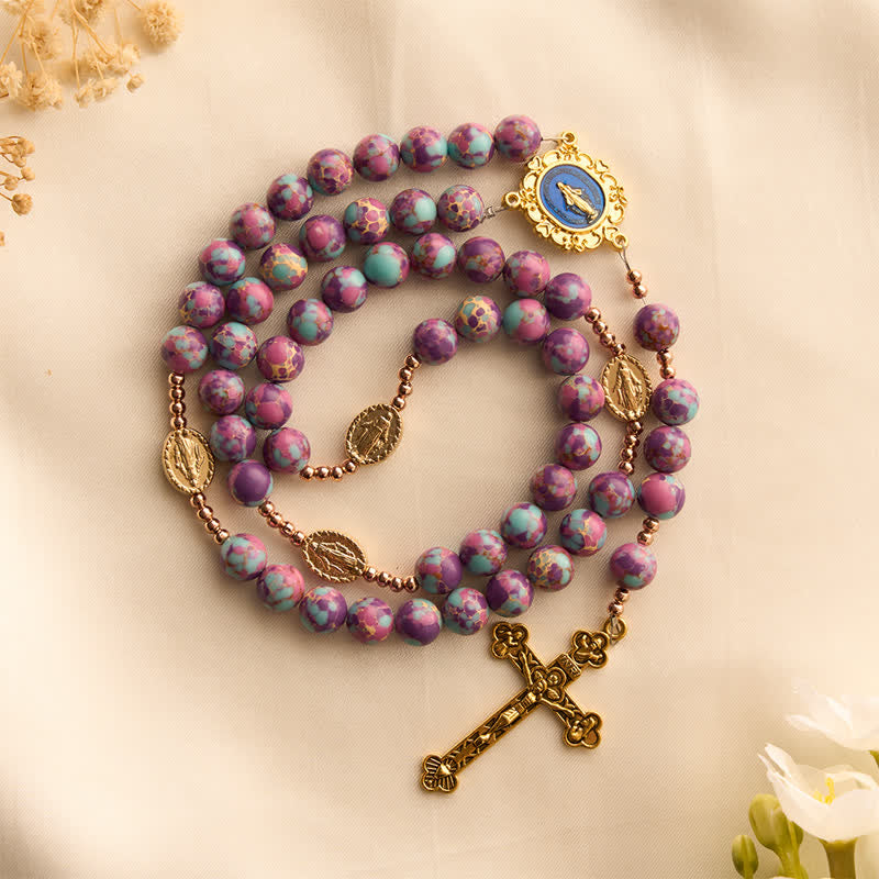 Christianartworkshop Purple Turquoise Mosaic Bead Rosary With Enamel Marian Medal: Emblem of Timeless Heavenly Mercy - image 3