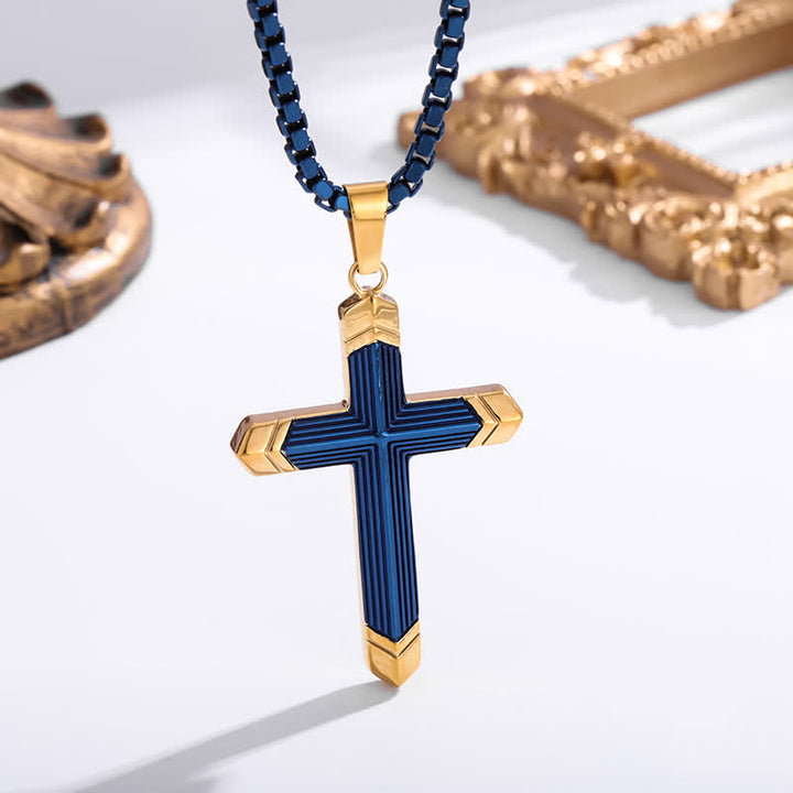 Christianartworkshop Linear Engraved Titanium Cross Pendant: Keepsake of Sincere Devoted Remembrance - Golden & Blue - image 8