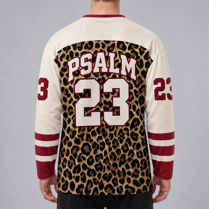 Christianartworkshop Psalm 23 Leopard Print Varsity Long Sleeve Hockey Jersey - image 3