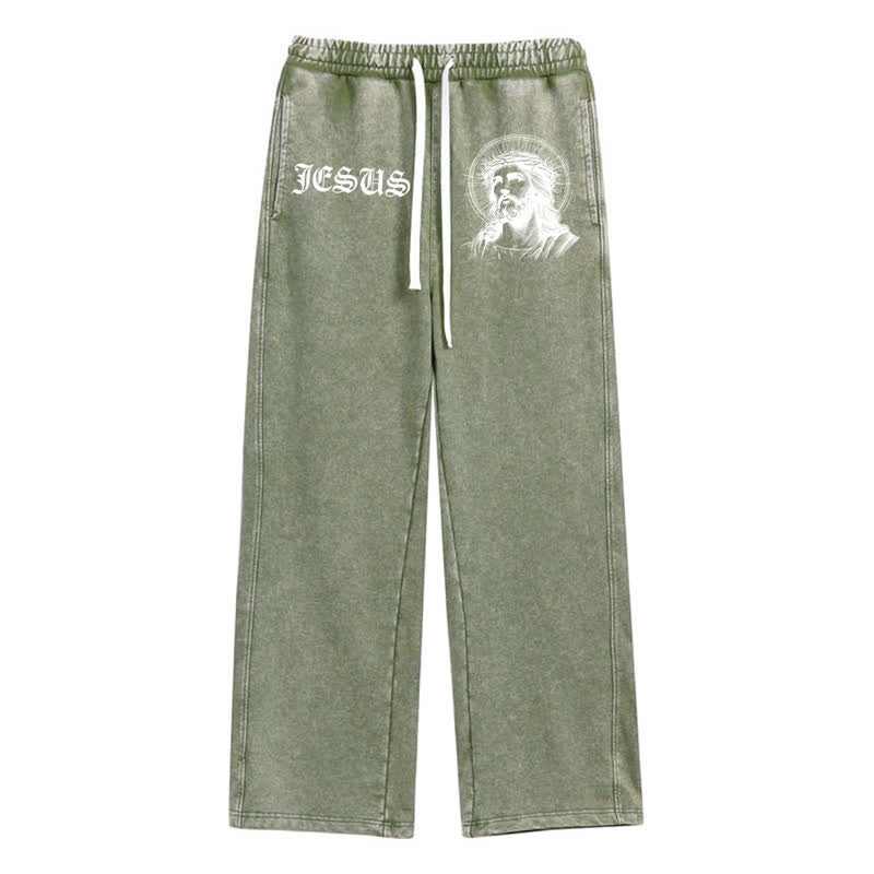 Christianartworkshop Jesus Portrait Gothic Script Blush Washed Sweatpants - Green - 2XL - image 24