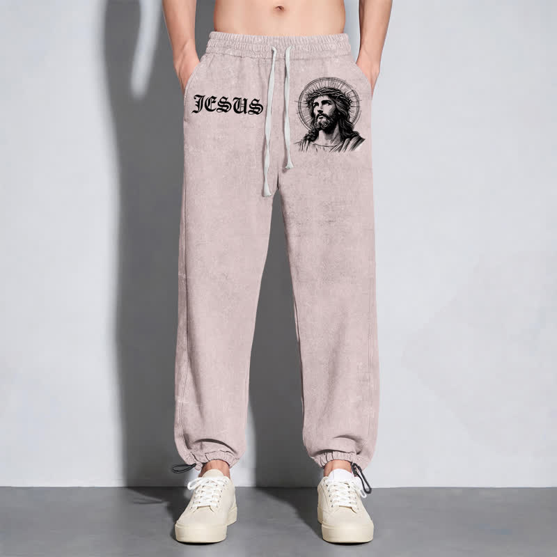 Christianartworkshop Jesus Portrait Gothic Script Blush Washed Sweatpants - image 6
