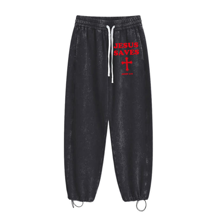 Christianartworkshop Jesus Saves Cross Graphic Grey Washed Sweatpants - image 10