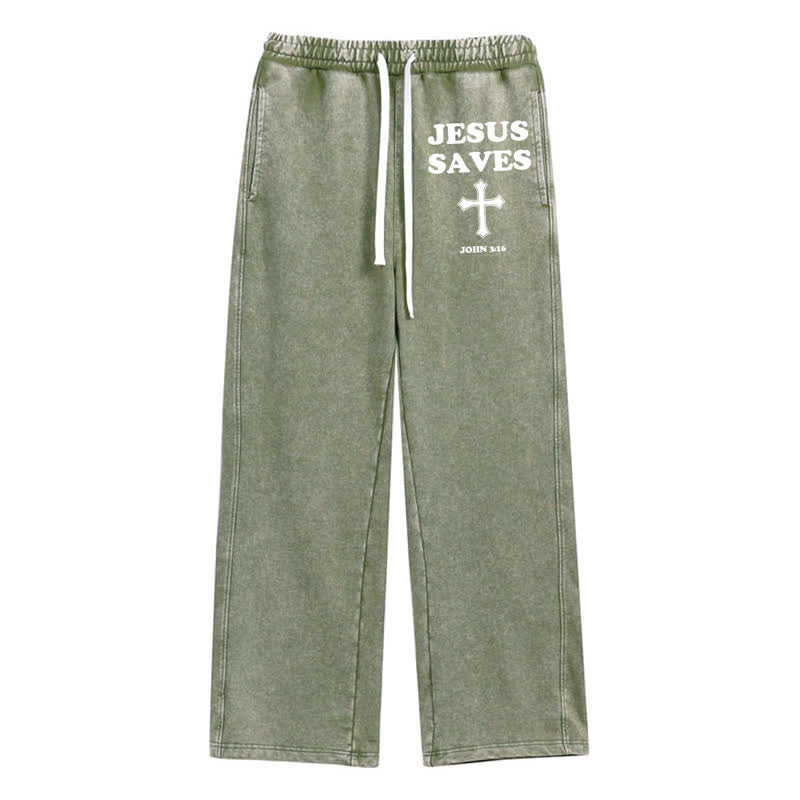 Christianartworkshop Jesus Saves Cross Graphic Grey Washed Sweatpants - Green - 2XL - image 16