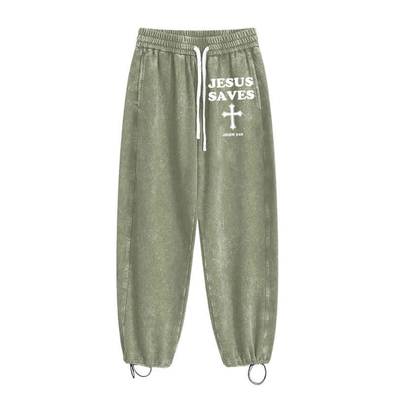 Christianartworkshop Jesus Saves Cross Graphic Grey Washed Sweatpants - image 18