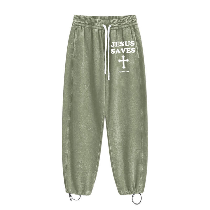Christianartworkshop Jesus Saves Cross Graphic Grey Washed Sweatpants - image 18