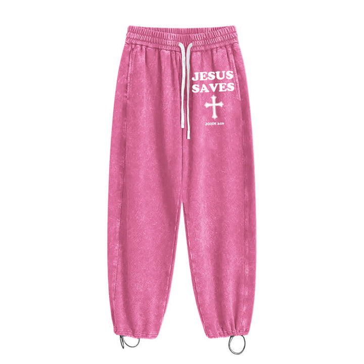 Christianartworkshop Jesus Saves Cross Graphic Grey Washed Sweatpants - image 26