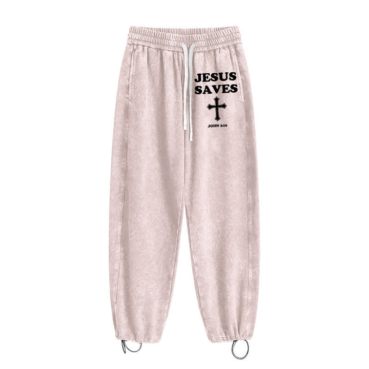 Christianartworkshop Jesus Saves Cross Graphic Grey Washed Sweatpants - image 35