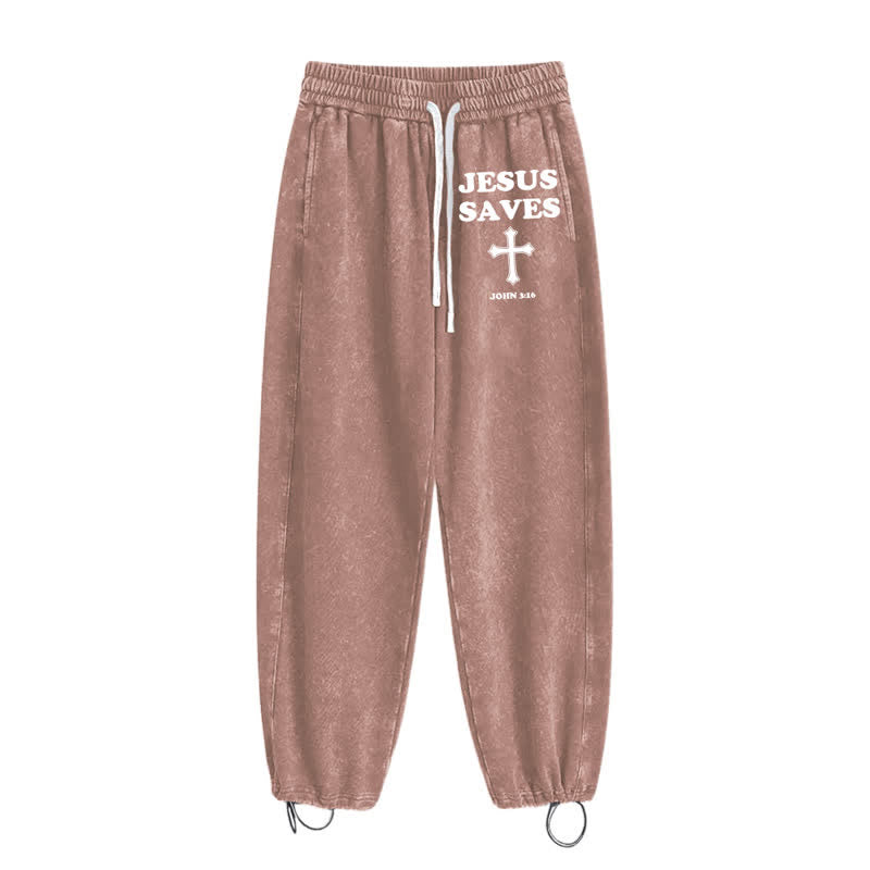 Christianartworkshop Jesus Saves Cross Graphic Grey Washed Sweatpants - image 42