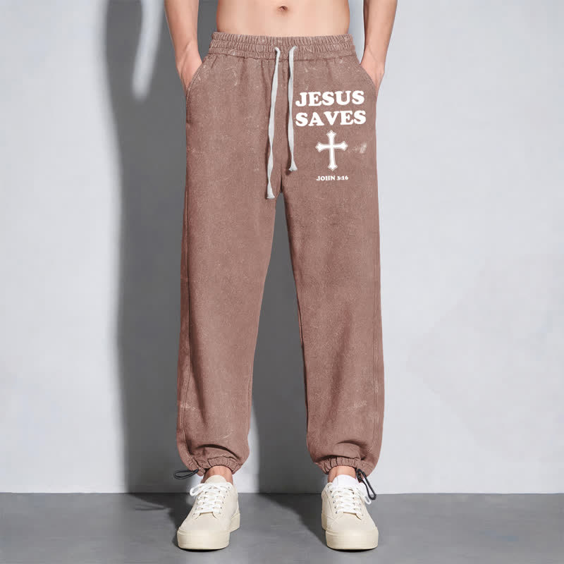 Christianartworkshop Jesus Saves Cross Graphic Grey Washed Sweatpants - image 46