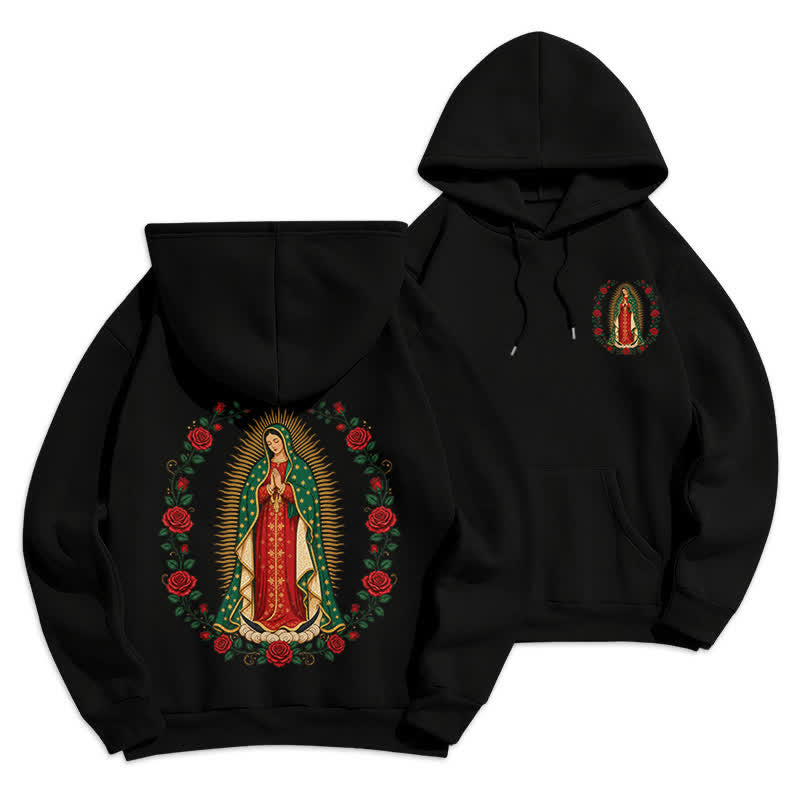 Christianartworkshop Sacred Rose Madonna White Fleece Lined Hoodie - Black - 2XL - image 3