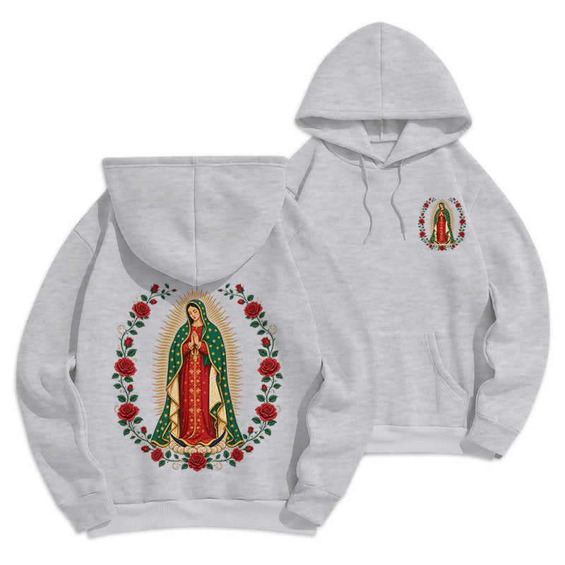 Christianartworkshop Sacred Rose Madonna White Fleece Lined Hoodie - Grey - 2XL - image 6