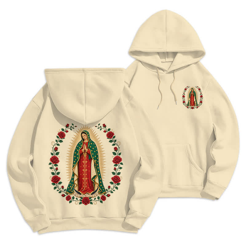 Christianartworkshop Sacred Rose Madonna White Fleece Lined Hoodie - Beige - 2XL - image 18