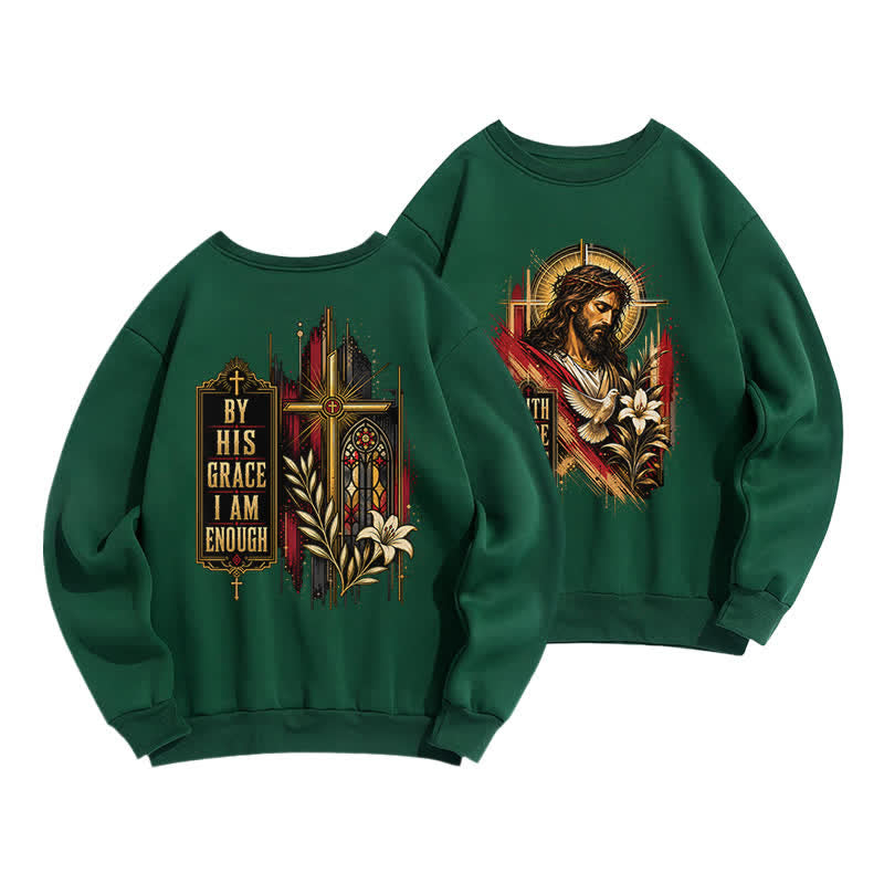 Christianartworkshop By His Grace Stained Glass Cross Black Crewneck Sweatshirt - Green - 2XL - image 12