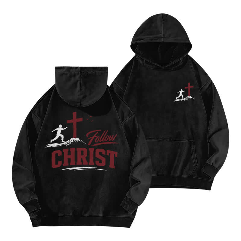 Christianartworkshop Follow Christ Cross Front And Back Washed Hoodie - Black - 5XL - image 0