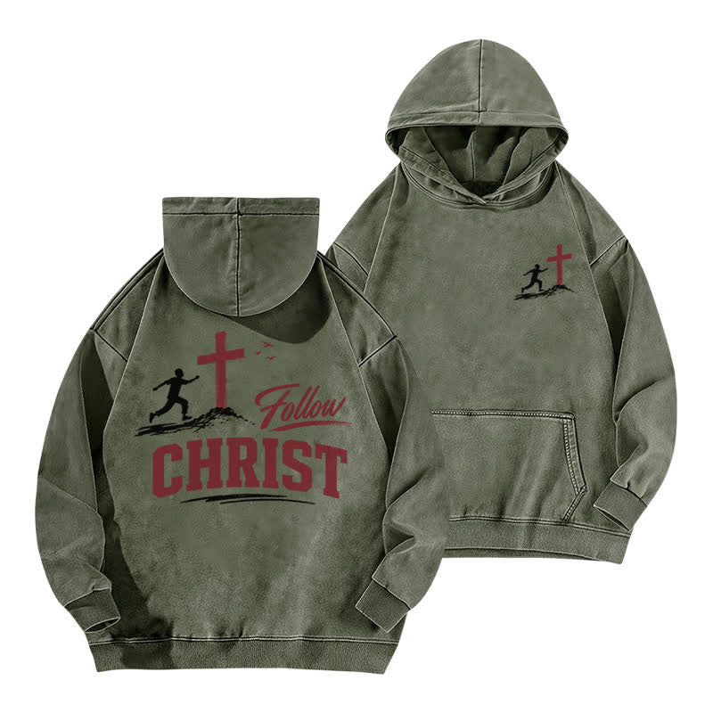 Christianartworkshop Follow Christ Cross Front And Back Washed Hoodie - Army Green - 5XL - image 12