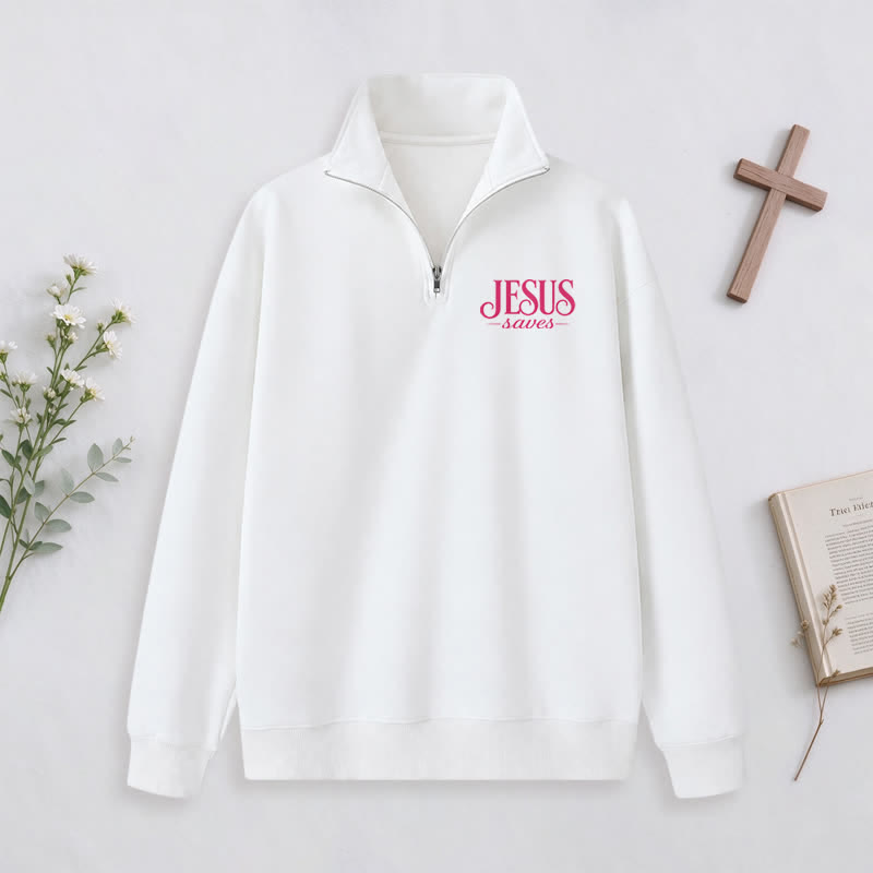 Christianartworkshop Jesus Saves White Stand Collar Half-Zip Pullover - image 2