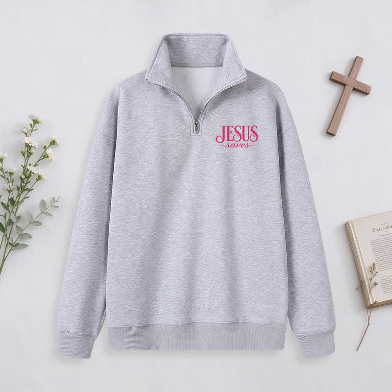 Christianartworkshop Jesus Saves White Stand Collar Half-Zip Pullover - image 31