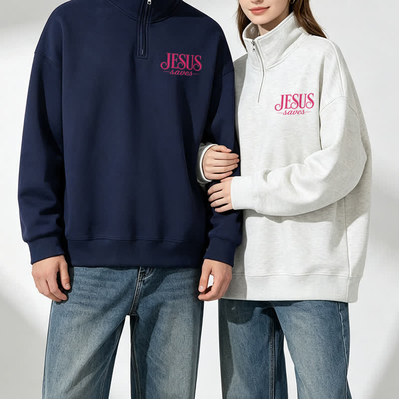 Christianartworkshop Jesus Saves White Stand Collar Half-Zip Pullover - image 3