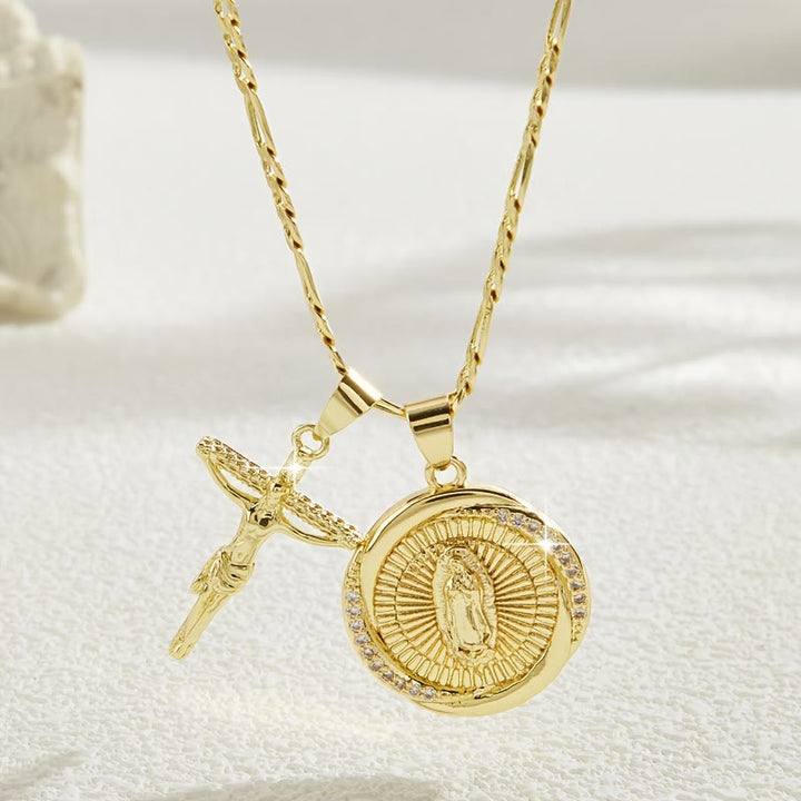 Christianartworkshop Double Pendant Necklace with Zircon-Encircled Our Lady Medallion & Polished Cross Charm - Our Lady & Crucifix - image 6