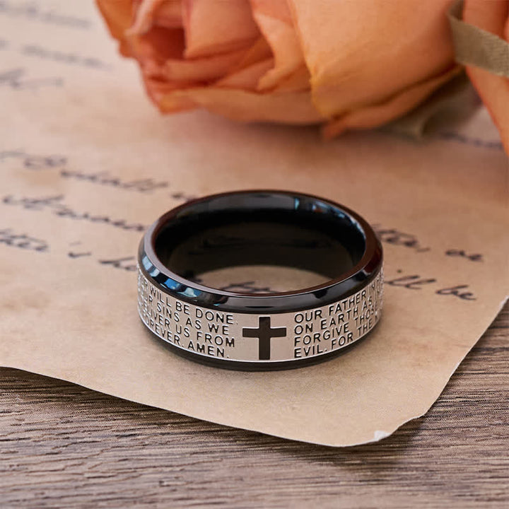 Christianartworkshop Deep Engraved Cross Lord’s Prayer Stainless Steel Wide Band Ring: Emblem of Abiding Heavenly Faith - Black Two-Tone - US 13 - image 4