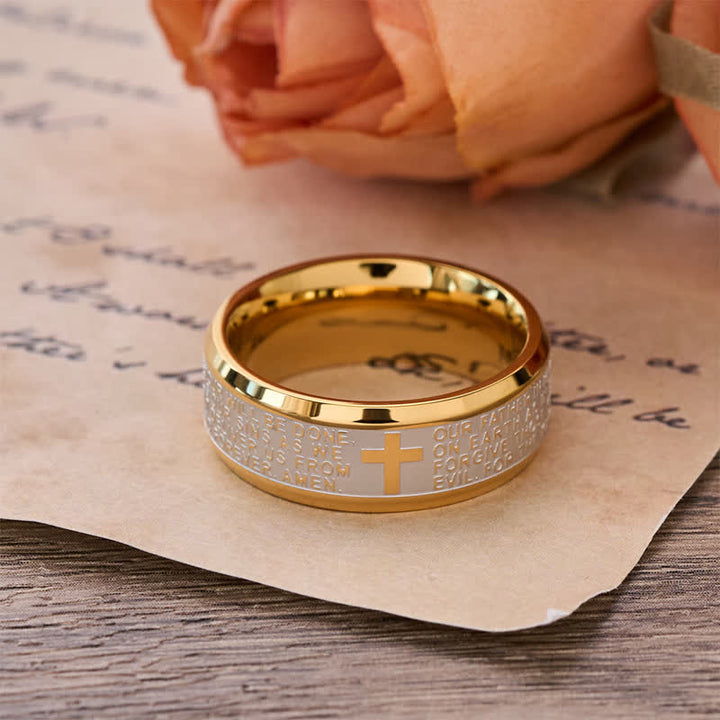 Christianartworkshop Deep Engraved Cross Lord’s Prayer Stainless Steel Wide Band Ring: Emblem of Abiding Heavenly Faith - Golden Two-Tone - US 13 - image 2